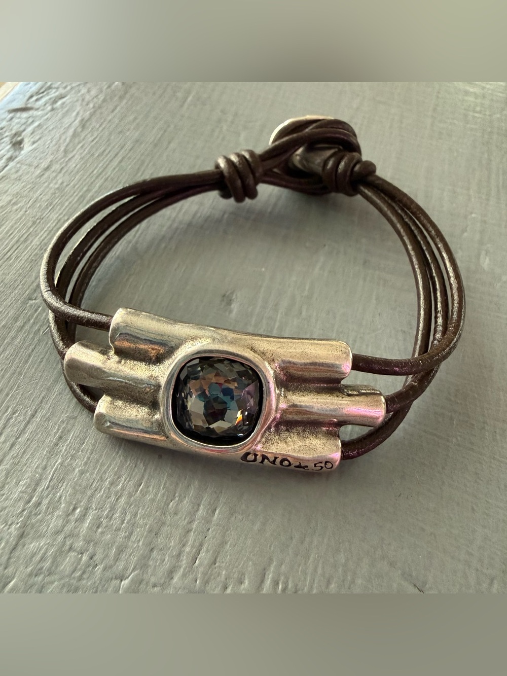 Uno de 50 Multi Strand Crystal Pendant Leather Bracelet